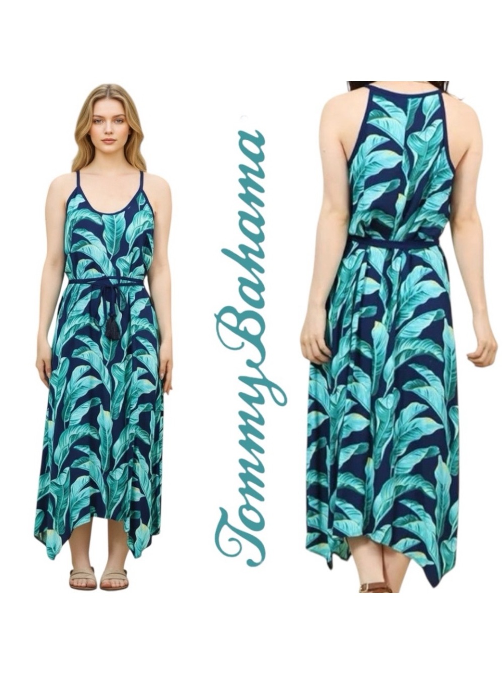 Tommy Bahama  Dress Turquoise Tropical Leaves Asymmetric Tie String Tassel Sz S
